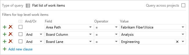 Screenshot des Abfrage-Editors: Filtern nach den Feldern „Pinnwandspalte“ und „Pinnwandbereich“ des Kanban-Boards.