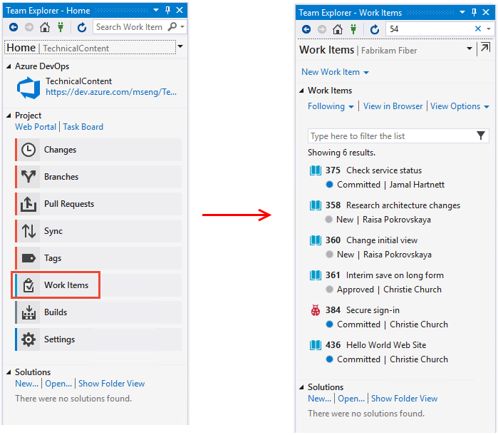 Visual Studio 2019 – Team Explorer – Auswählen von „Arbeitselemente“