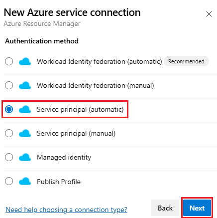 Screenshot, der die Auswahl einer Dienstprinzipalauthentifizierungsmethode (automatisch) zeigt.