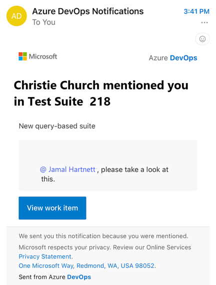 Screenshot der Azure DevOps-E-Mail-Benachrichtigung über E-Mails, die im mobilen Client empfangen wurden.