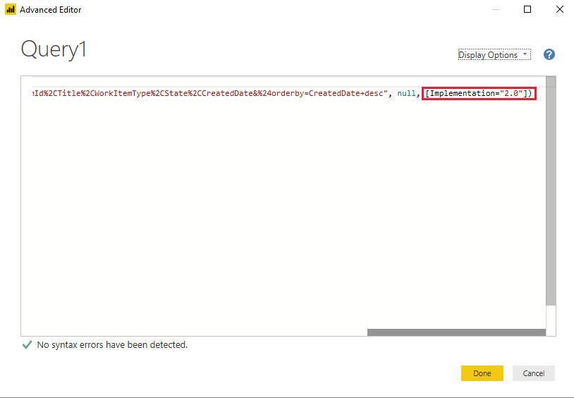 Screenshot des Power BI OData-Feeds mit dem Erweiterter Editor nach rechts gescrollt.