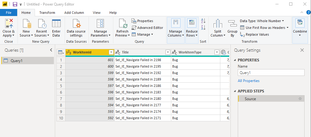 Screenshot, der zeigt, Power Query-Editor für den Power BI OData-Feed geöffnet ist.