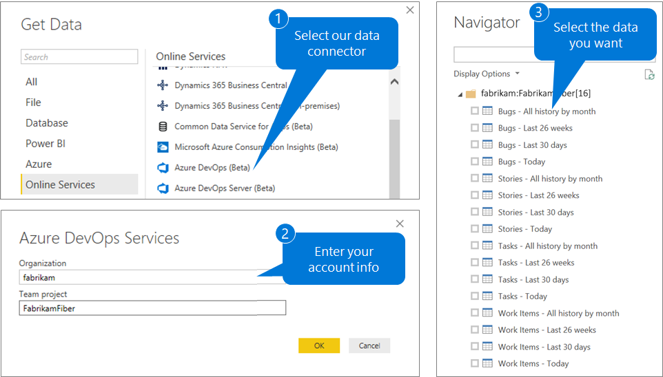 Screenshot von Power BI Azure DevOps Verbinden or.