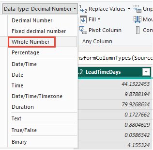 Screenshot of Power BI Transform menu, Data type selection.