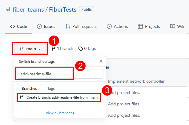 Screenshot: Dialogfeld „Branches/Tags wechseln“ auf der Hauptseite eines GitHub-Repositorys.