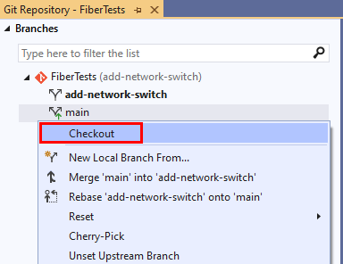 Screenshot: Option „Check-Out“ im Branchkontextmenü im Fenster „Git-Repository“ von Visual Studio