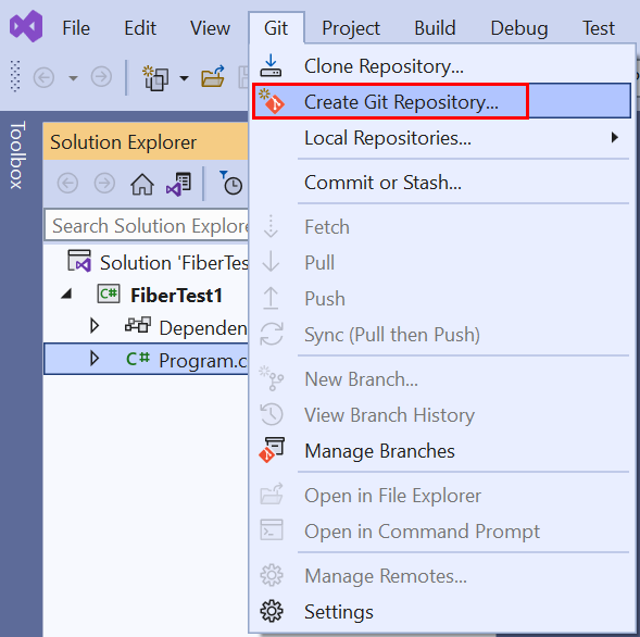 Screenshot der Option „Git-Repository erstellen“ im Git-Menü aus der Menüleiste von Visual Studio 2022.