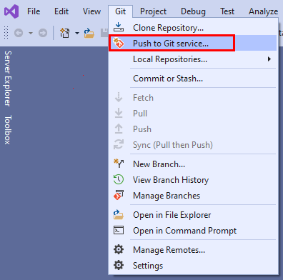 Screenshot der Option „Zum Git-Dienst pushen“ im Kontextmenü von Visual Studio 2022.