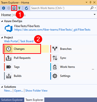 Screenshot: Option „Änderungen“ in „Team Explorer“ in Visual Studio 2019.