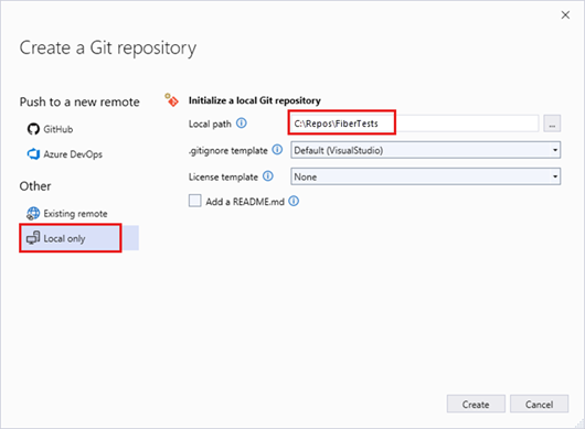 Screenshot des Fensters „Git-Repository erstellen“ mit ausgewählter Option „Nur lokal“ in Visual Studio 2022.