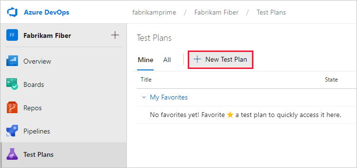 Screenshot des Erstellens eines neuen Testplans für Azure DevOps Server 2020 und Azure DevOps Services.