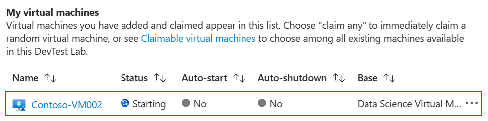 Screenshot des angeforderten virtuellen Computers, der startet und für den Benutzer unter „Meinen virtuellen Computern“ aufgeführt ist.