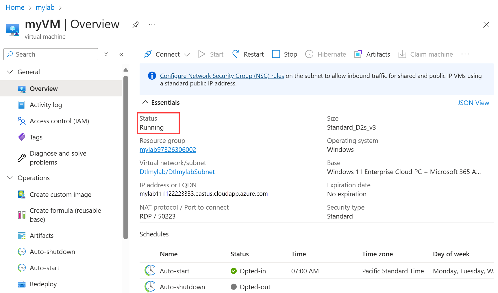 Screenshot, der zeigt, wie Sie bestätigen können, dass der virtuelle DevTest Labs-Computer ausgeführt wird.