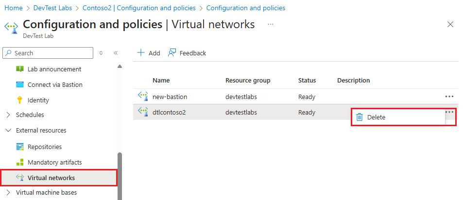 Screenshot, der das löschen des virtuellen Netzwerks des alten Labors zeigt.