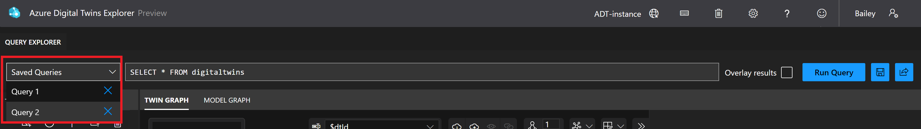 Screenshot: Bereich „Abfrage-Explorer“ des Azure Digital Twins-Explorers. Das Dropdownmenü „Saved Queries“ (Gespeicherte Abfragen) ist hervorgehoben und zeigt zwei Beispielabfragen an.