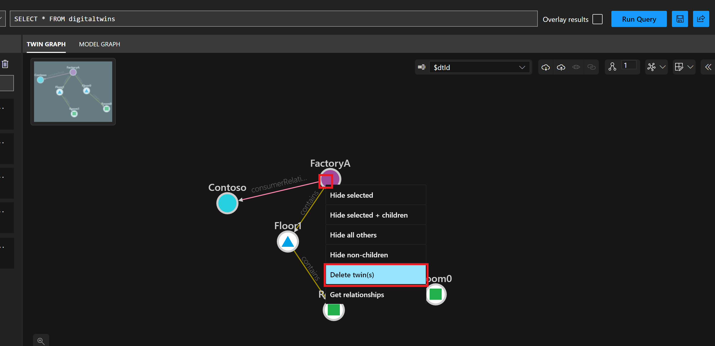 Screenshot des Bereichs „Twin Graph“ des Azure Digital Twins-Explorers. Der Zwilling „FactoryA“ ist ausgewählt, und es gibt ein Menü, das eine Option zum Löschen von Zwillingen enthält.