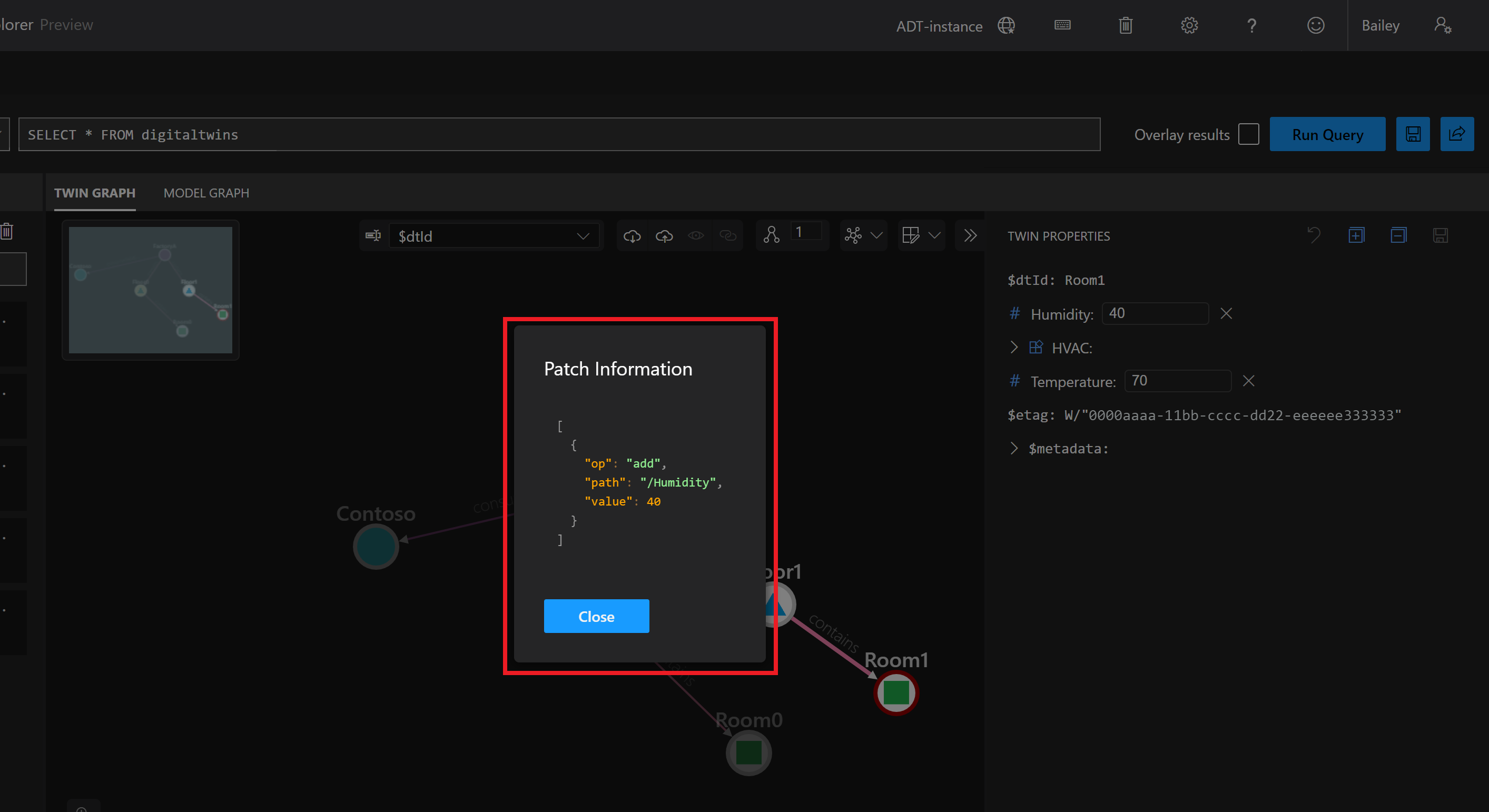 Screenshot des Bereichs „Twin Graph“ des Azure Digital Twins-Explorers. In der Mitte des Bildschirms wird ein modales Dialogfeld „Path Information“ (Pfadinformationen) mit JSON Patch-Code angezeigt.