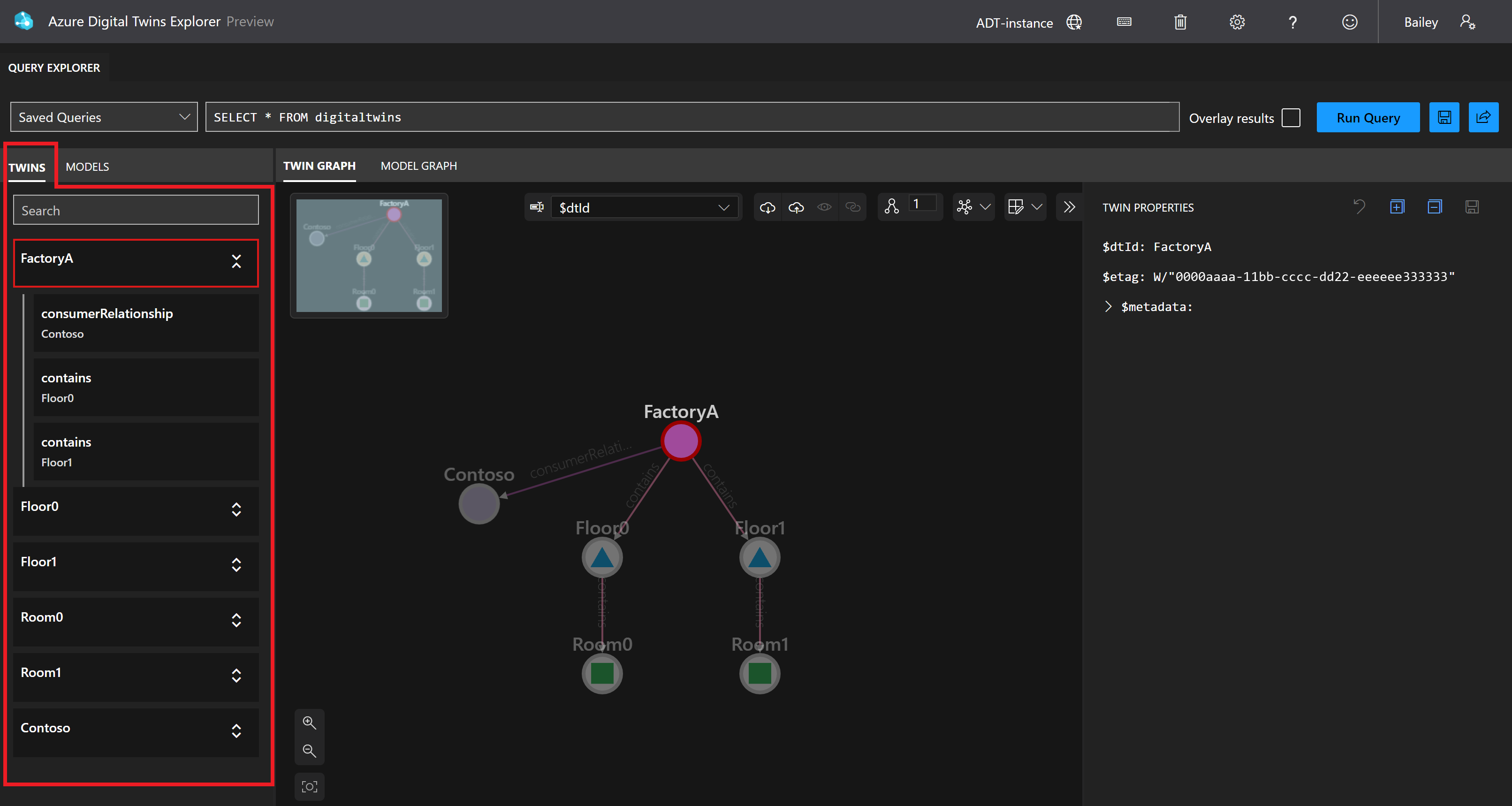 Screenshot: Bereich „Zwillinge“ im Azure Digital Twins-Explorer. Ein Zwilling ist hervorgehoben, und seine Beziehungen werden angezeigt.