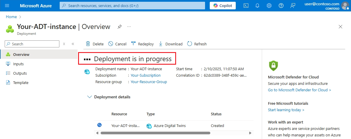 Screenshot der Bereitstellungsseite für Azure Digital Twins im Azure-Portal. Die Seite zeigt an, dass die Bereitstellung im Gange ist.