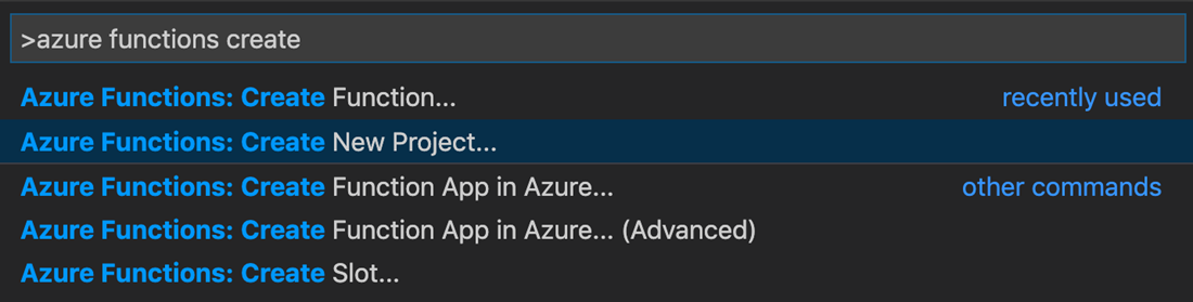 Screenshot der Befehlspalette in Visual Studio Code mit der Option zum Erstellen eines Funktionenprojekts.