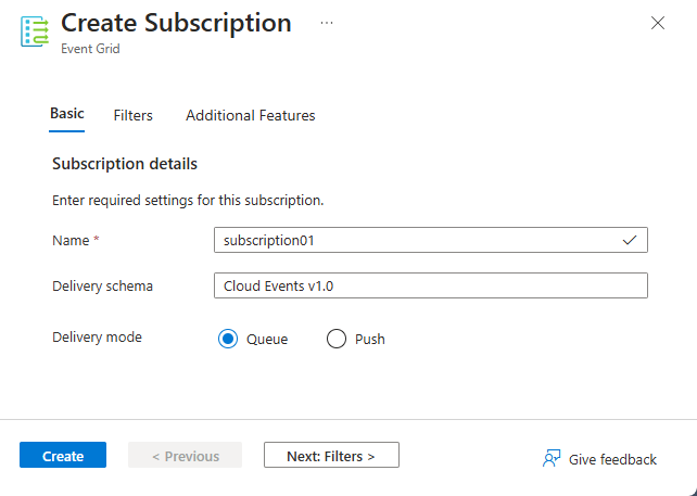Screenshot der Registerkarte „Grundlagen“ beim Erstellen eines Event Grid-Ereignisabonnements