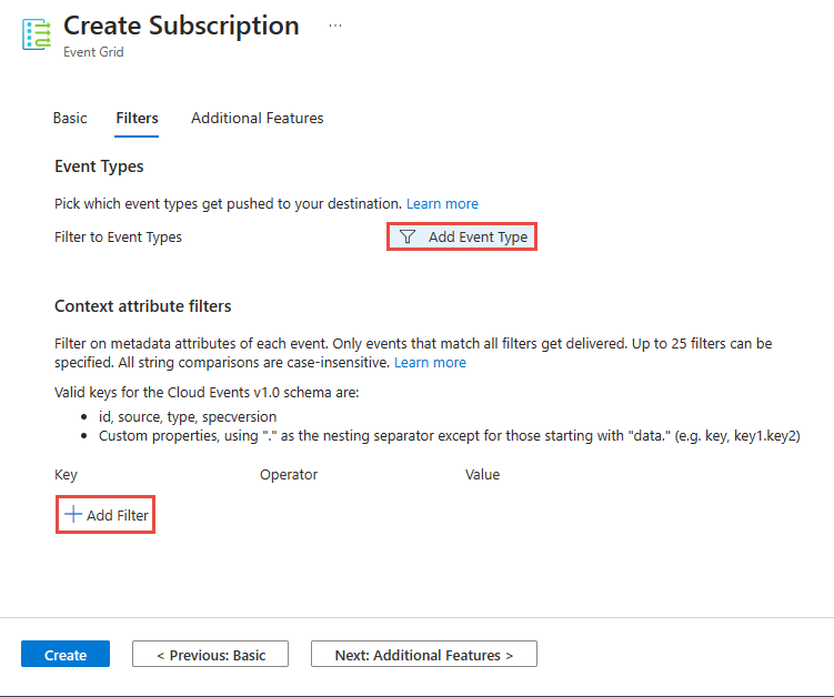 Screenshot der Registerkarte „Filter“ beim Erstellen eines Event Grid-Ereignisabonnements