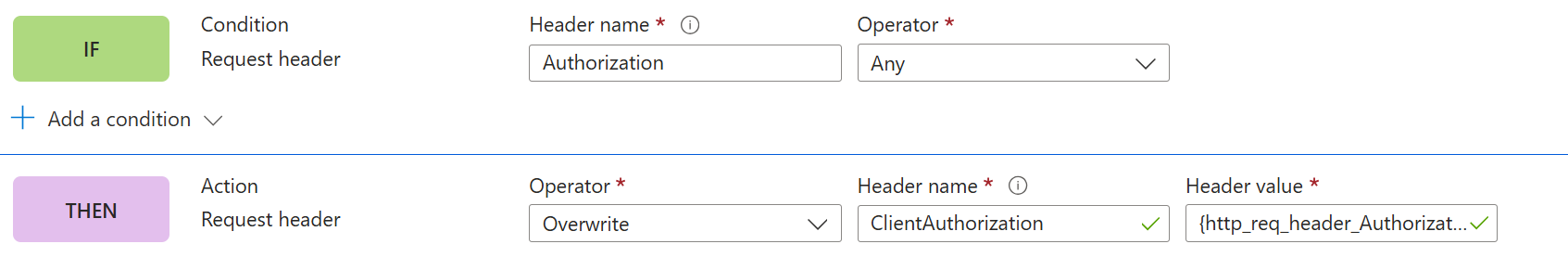 Screenshot der Regel zum Senden des Clienttokens an den Ursprung über einen anderen Header.