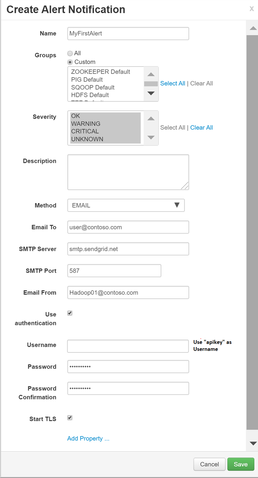 Screenshot des Dialogfelds Create Alert Notification (Warnungsbenachrichtigung erstellen).