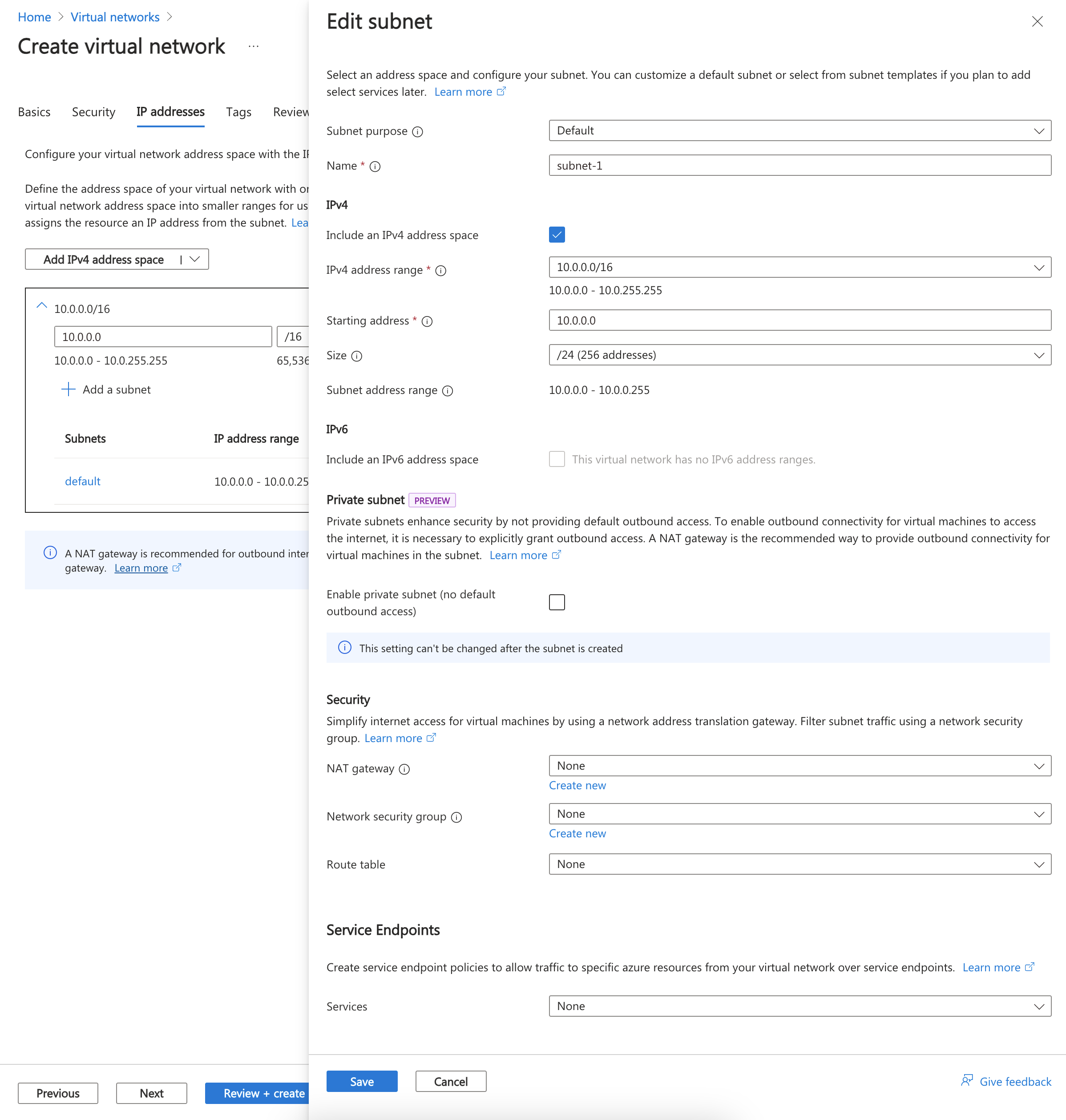 Screenshot des Umbenennens und Konfigurierens des Standardsubnetzes