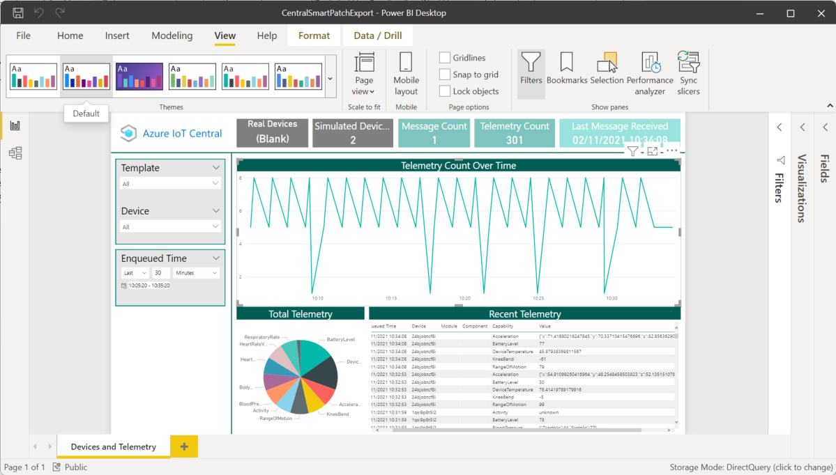 Screenshot des Power&nbsp;BI-Berichts mit Daten aus IoT Central.