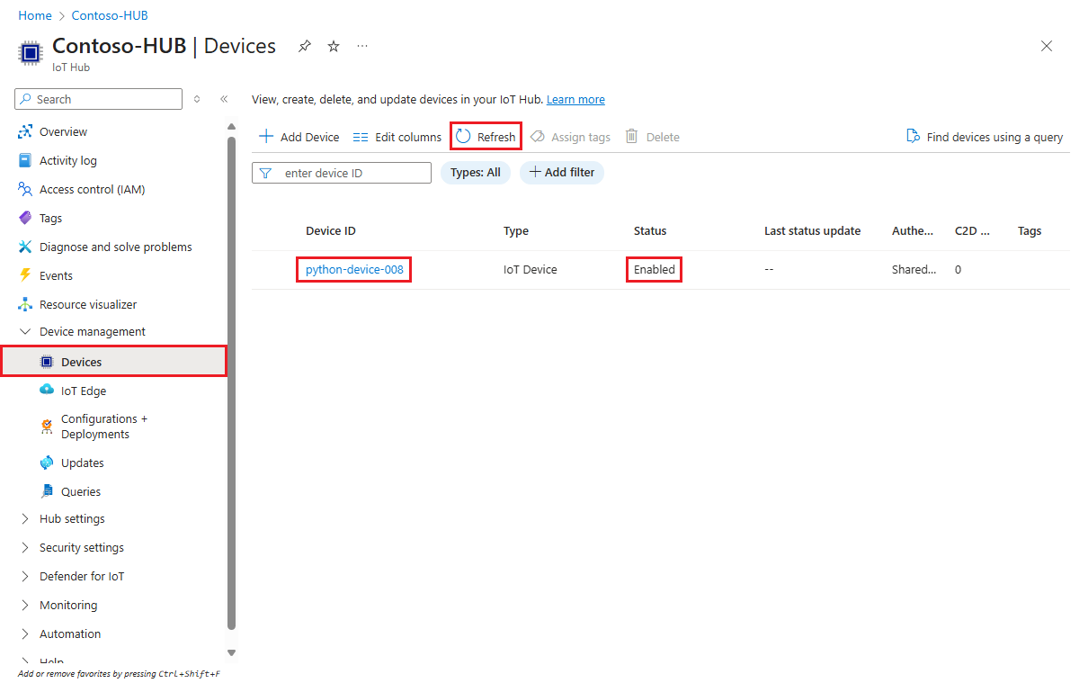 Der Screenshot zeigt, dass das Gerät beim IoT-Hub registriert und für das Python-Beispiel aktiviert wurde.