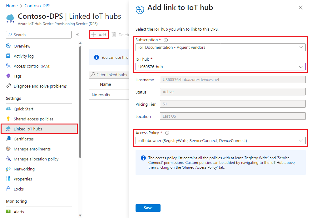 Screenshot, der das Verknüpfen eines IoT-Hubs mit der Device Provisioning Service-Instanz auf dem Portalblatt zeigt.