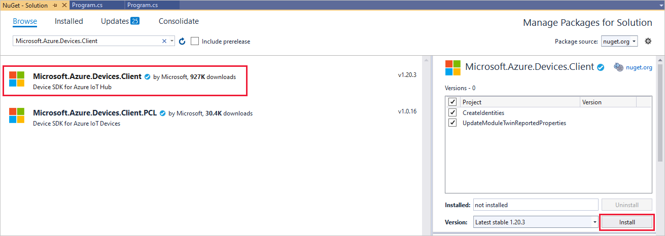 Screenshot: „Microsoft.Azure.Devices.Client“ ist ausgewählt und die Schaltfläche „Installieren“ hervorgehoben
