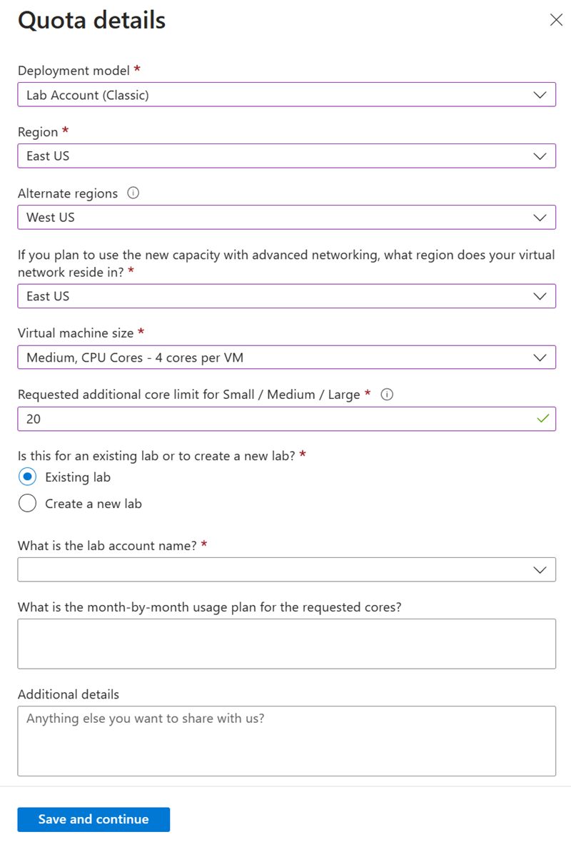 Screenshot: Seite „Kontingentdetails“ für Labkonten