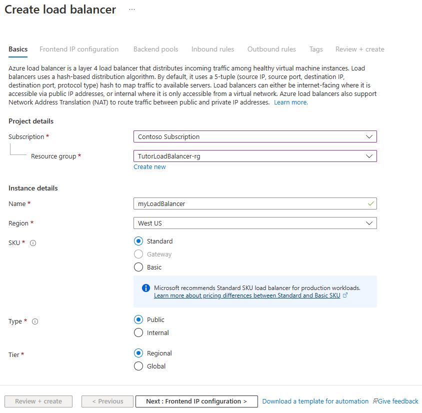 Screenshot der Registerkarte „Grundlagen“ zum Erstellen eines Standard-Load-Balancers.