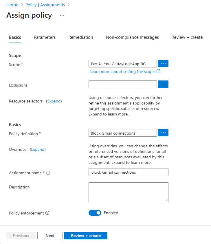 Der Screenshot zeigt die Richtlinienzuweisungswerte.