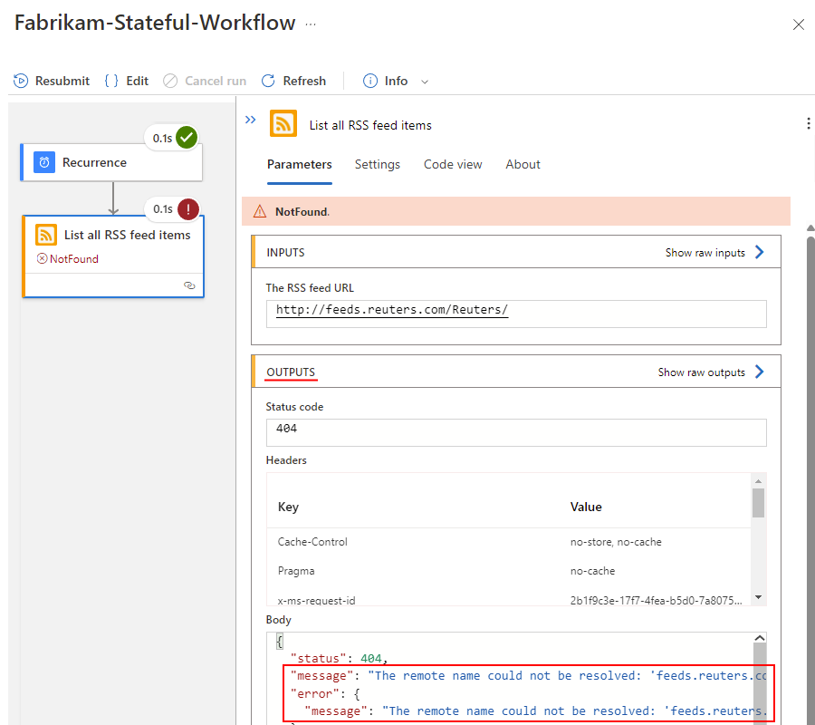Screenshot eines Standard-Logik-App-Workflows mit Ausgaben eines fehlgeschlagenen Schritts.