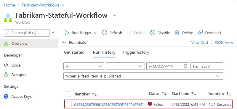Screenshot des Azure-Portals mit Ausführungen des Standard-Logik-App-Workflows und einer ausgewählten fehlgeschlagenen Ausführung.