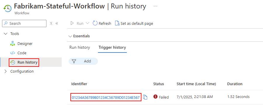 Screenshot des Azure-Portals mit dem Triggerverlauf des Standard-Logik-App-Workflows.
