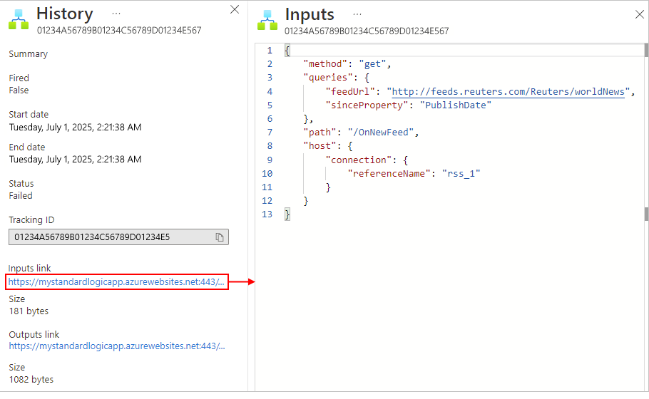 Screenshot der Triggereingaben des Standard-Logik-App-Workflows.