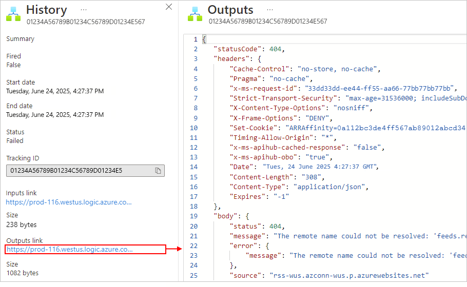 Screenshot der Triggerausgaben des Verbrauchs-Logik-App-Workflows.