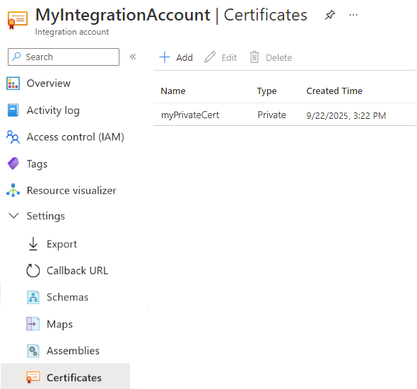 Screenshot von Azure-Portal und Integrationskonto mit dem privaten Zertifikat in der Liste „Zertifikate“