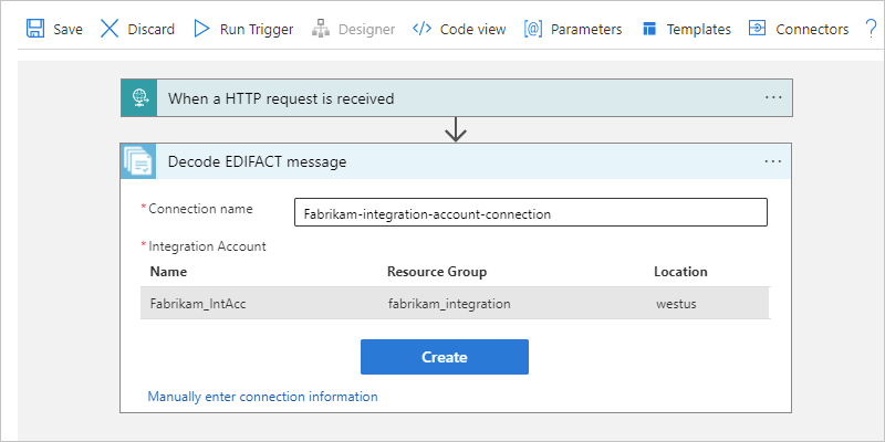 Screenshot des Verbrauchsworkflow-Designers und Verbindungsbereichs für die Aktion „EDIFACT-Nachricht decodieren“