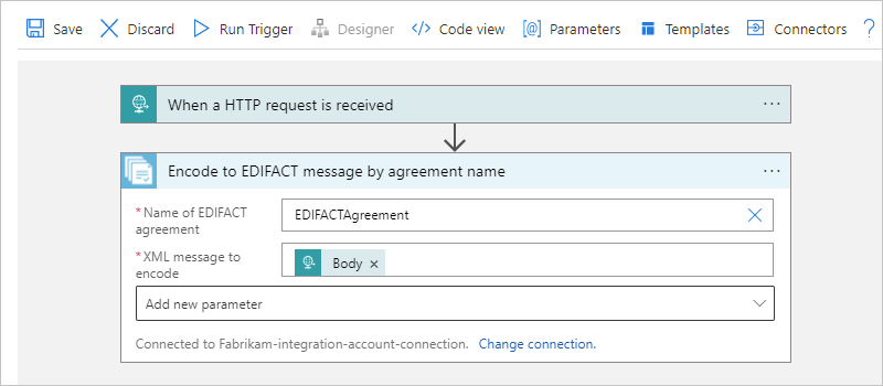 Screenshot eines Verbrauchsworkflows mit der Aktion zum Codieren in eine EDIFACT-Nachricht nach Vertragsname und Nachrichtencodierungseigenschaften