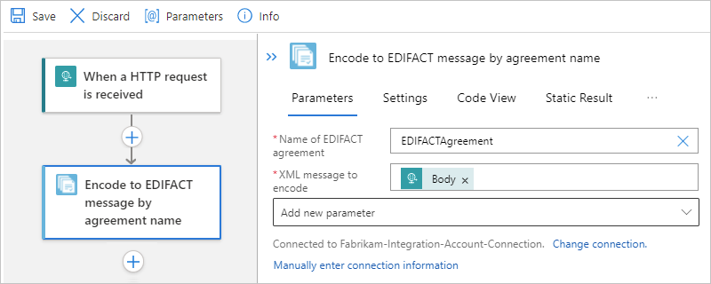 Screenshot eines Standard-Workflows mit der Aktion „In EDIFACT-Nachricht codieren“ nach Vertragsname und Nachrichtencodierungseigenschaften