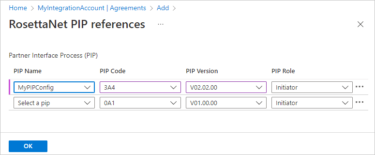 Screenshot einer Tabelle mit PIP-Informationen. Die Zeile für die PIP mit dem Namen „MyPIPConfig“ zeigt richtige Informationen an.