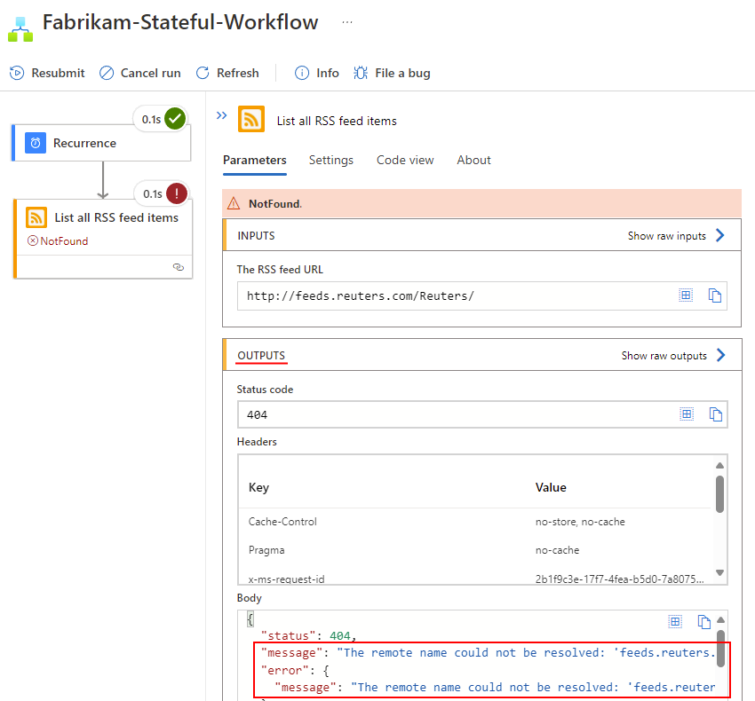 Screenshot: Standardworkflow mit fehlerhaften Schrittausgaben