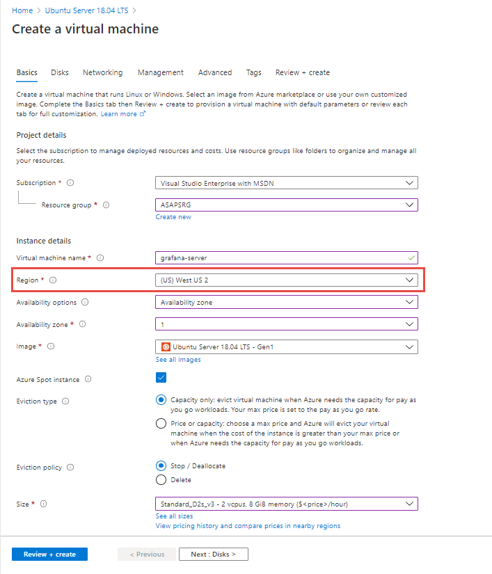 Screenshot des Ausfüllens des Formulars zum Erstellen einer VM mit dem Ubuntu-Serverimage.