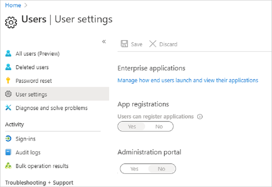 Überprüfen unter „Benutzereinstellungen“, ob Benutzer Active Directory-Apps registrieren können