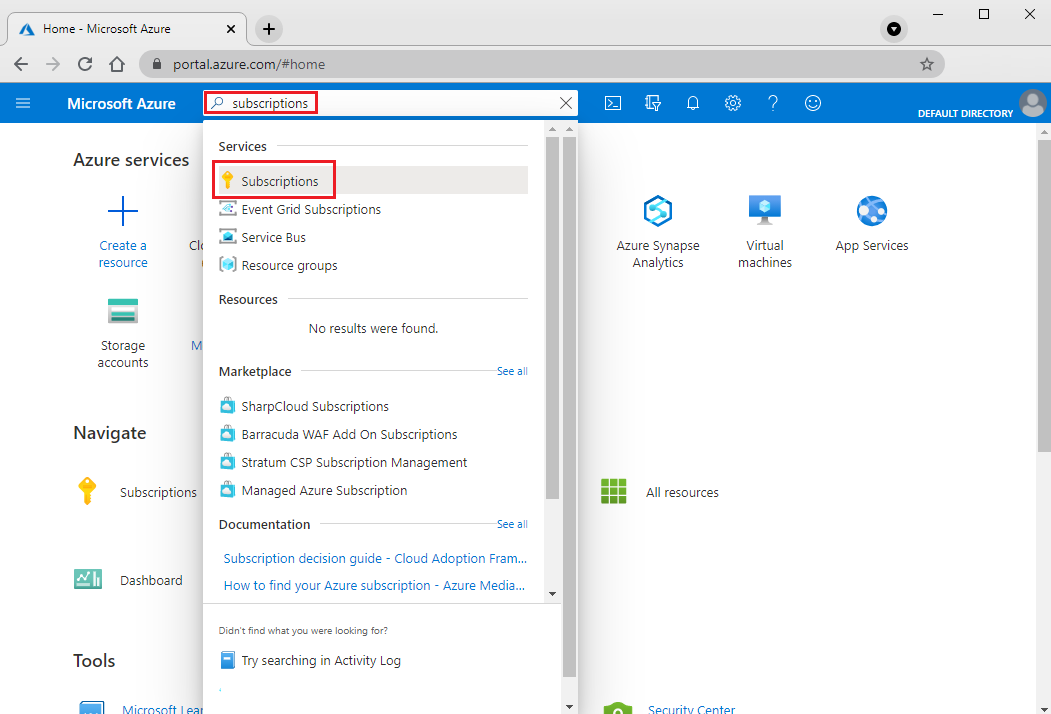 Screenshot: Suchfeld für die Suche nach einem Azure-Abonnement